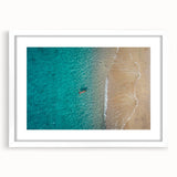 Textured art print of the Mediterranean Sea in muted blue and white tones, framed with a white mat.