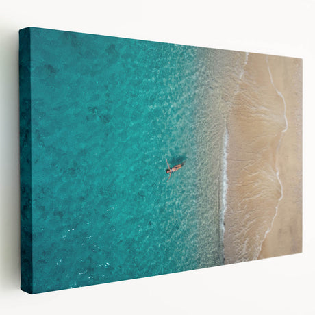 Landscape painting of the Mediterranean Sea with muted blue and white tones on stretched canvas, ideal for kitchen wall art.