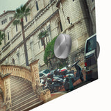 Large abstract wall art print of Monaco scenery in mid-century modernist style, with vibrant blue and green hues.