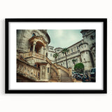 Extra large abstract art print of Monaco scenery in vibrant colors on textured canvas, framed in black.