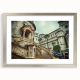 Extra large abstract art print of Monaco scenery in muted earth tones on a textured canvas, framed in silver.