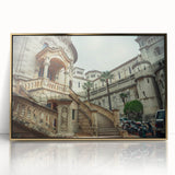 Art Deco style poster of Monaco scenery in muted gold and blue tones, acrylic print framed.