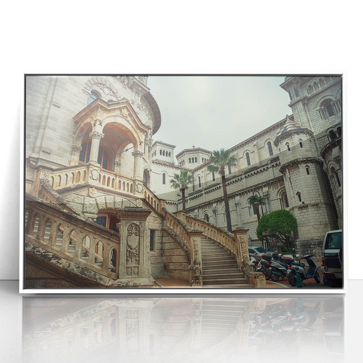 Mid-century modernist art of Monaco scenery in muted blues and whites, acrylic framed print, suitable for nursery wall art.