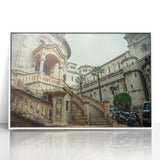 Mid-century modernist art of Monaco scenery in muted blues and whites, acrylic framed print, suitable for nursery wall art.