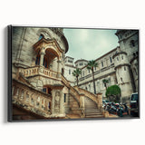 Black and white framed canvas featuring a vintage-style Monaco landscape, ideal for bedroom decor.
