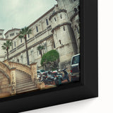 Extra large framed canvas of Monaco scenery in black with colorful, textured elements, ideal for living room decor.