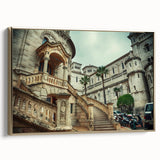 Framed canvas featuring a vintage-style landscape painting of Monaco, in muted gold and black tones.