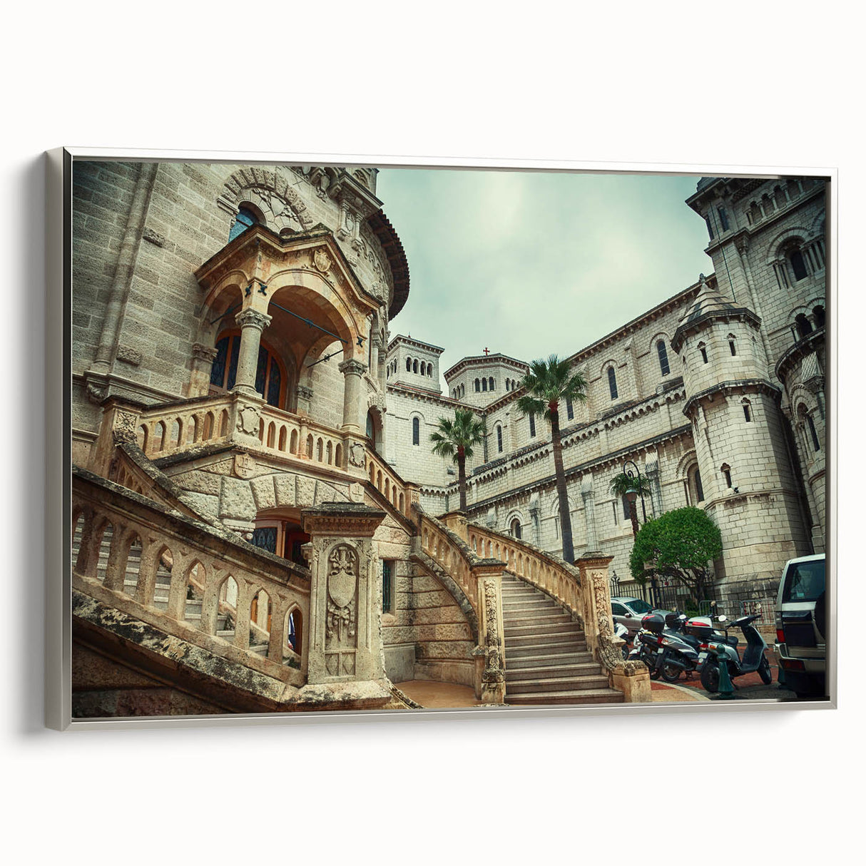 Landscape art painting of Monaco with vibrant colors on a silver-framed canvas, ideal for living room decor.