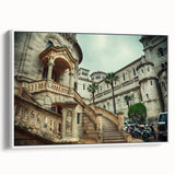 Vintage poster art of Monaco featuring colorful buildings on canvas, framed in white, suitable for living room decor.