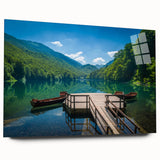 Large abstract wall art of a Montenegro scenery in muted blue and gray tones on acrylic glass.