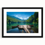 Colorful abstract art print of a European scenery, in a black frame with mat, ideal for living room ambiance.