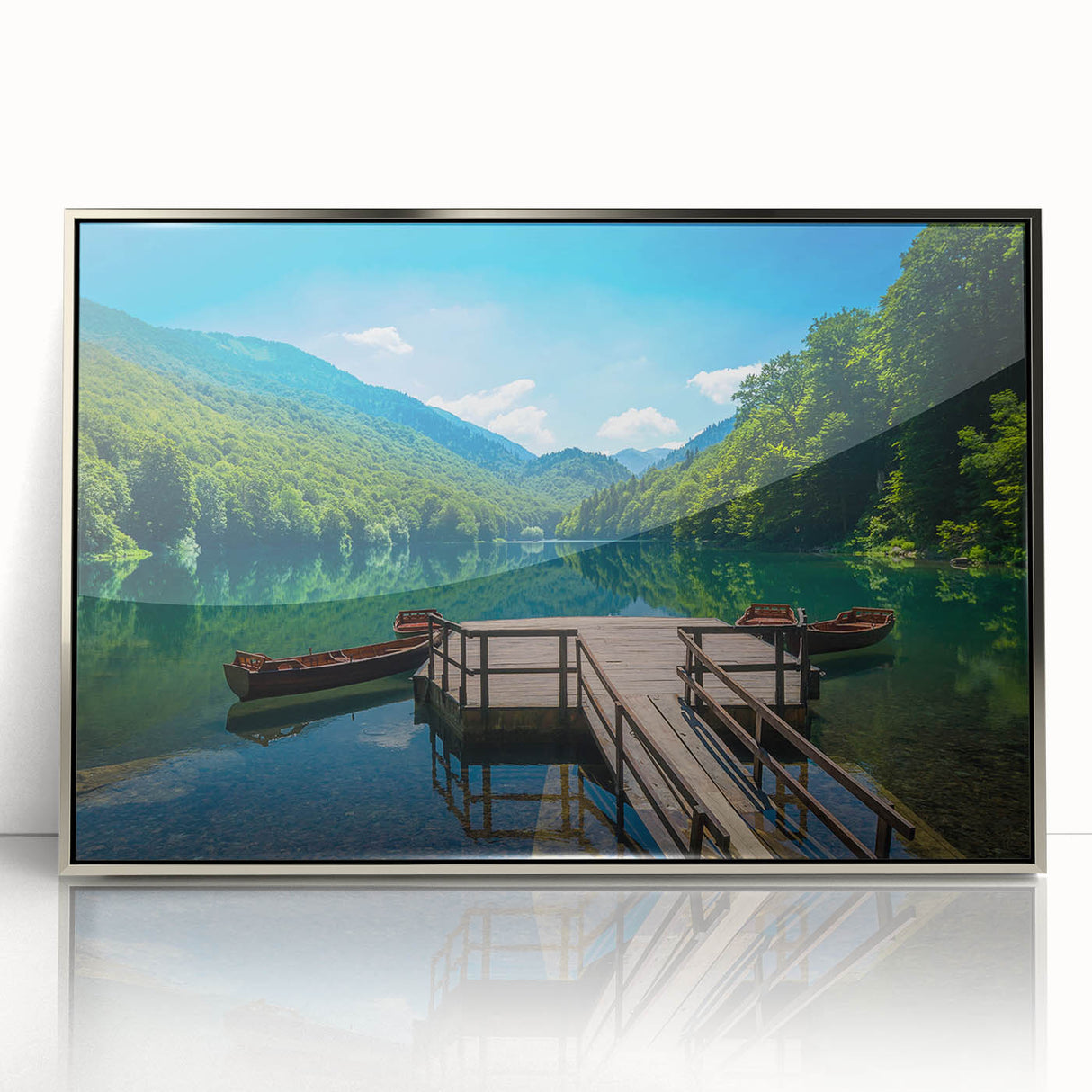 Large acrylic print of a mid-century modernist European landscape in muted earth tones, ideal for modern art wall decor.