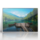 Mid-century modernist art of a European Montenegro landscape in muted colors, framed acrylic, ideal for nursery wall art.