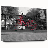 Acrylic print of Amsterdam canal scene in muted blues and greens, ideal for dining room decor.