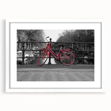 Textured art depicting an abstract Amsterdam cityscape in muted gray and blue tones on a framed white canvas.