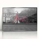 Framed acrylic print of Amsterdam scenery in mid-century modernist style, featuring muted earth tones.