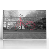 Mid-century modernist art depicting Amsterdam canals in muted colors on a framed acrylic, suitable for nursery wall art.