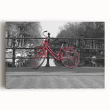 Black and white stretched canvas of Amsterdam canal scene, ideal for kitchen wall art or bedroom ambiance.