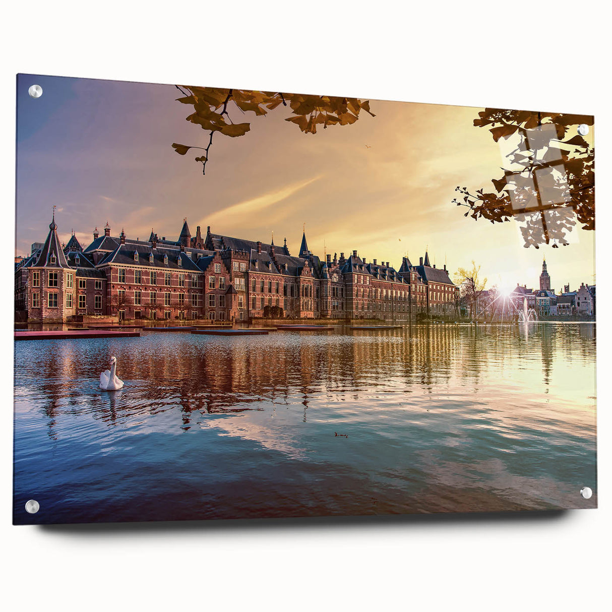 Acrylic glass print of a serene Dutch landscape in muted green and blue tones, suitable for dining room decor.
