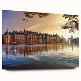 Acrylic print of a large abstract depiction of a European cityscape in muted earth tones.