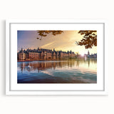 Textured art of abstract European scenery in muted greens and blues, framed with a white mat, ideal for bedroom art.