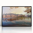 Large abstract wall art depicting a European scenery in muted earth tones on a framed acrylic.