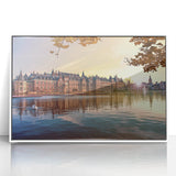 Mid-century modernist art depicting a serene Dutch landscape in pastel shades on a framed acrylic.