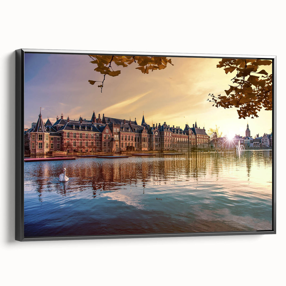 Black and white landscape art painting of a European scenery on a framed canvas, ideal for bedroom wall decor.