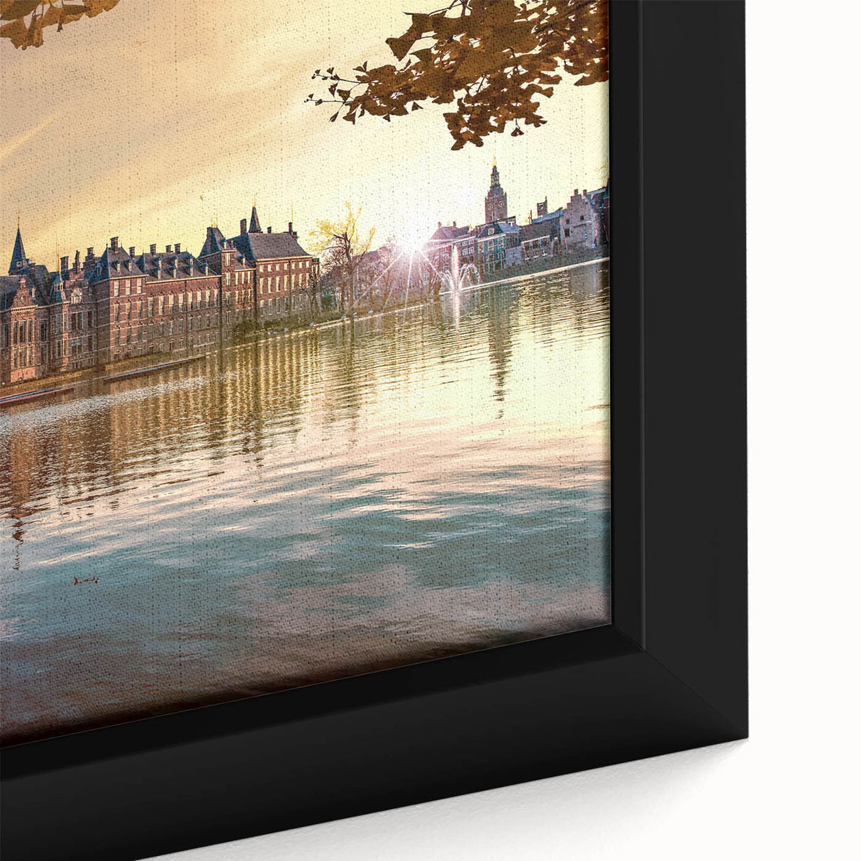 Extra large framed canvas featuring a textured, colorful depiction of a European scenery in black.