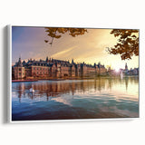 Vintage poster art of a colorful European scenery on a large framed canvas, ideal for living room decor.