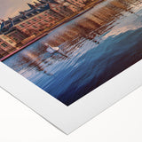 Art deco poster depicting a serene Netherlands landscape in muted greens and blues on rolled canvas.