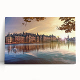 Black and white stretched canvas of a European cityscape, ideal for kitchen wall art.