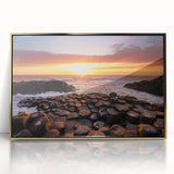 Art deco poster of Northern Ireland scenery in gold frame, acrylic print, suited for modern nursery decor.