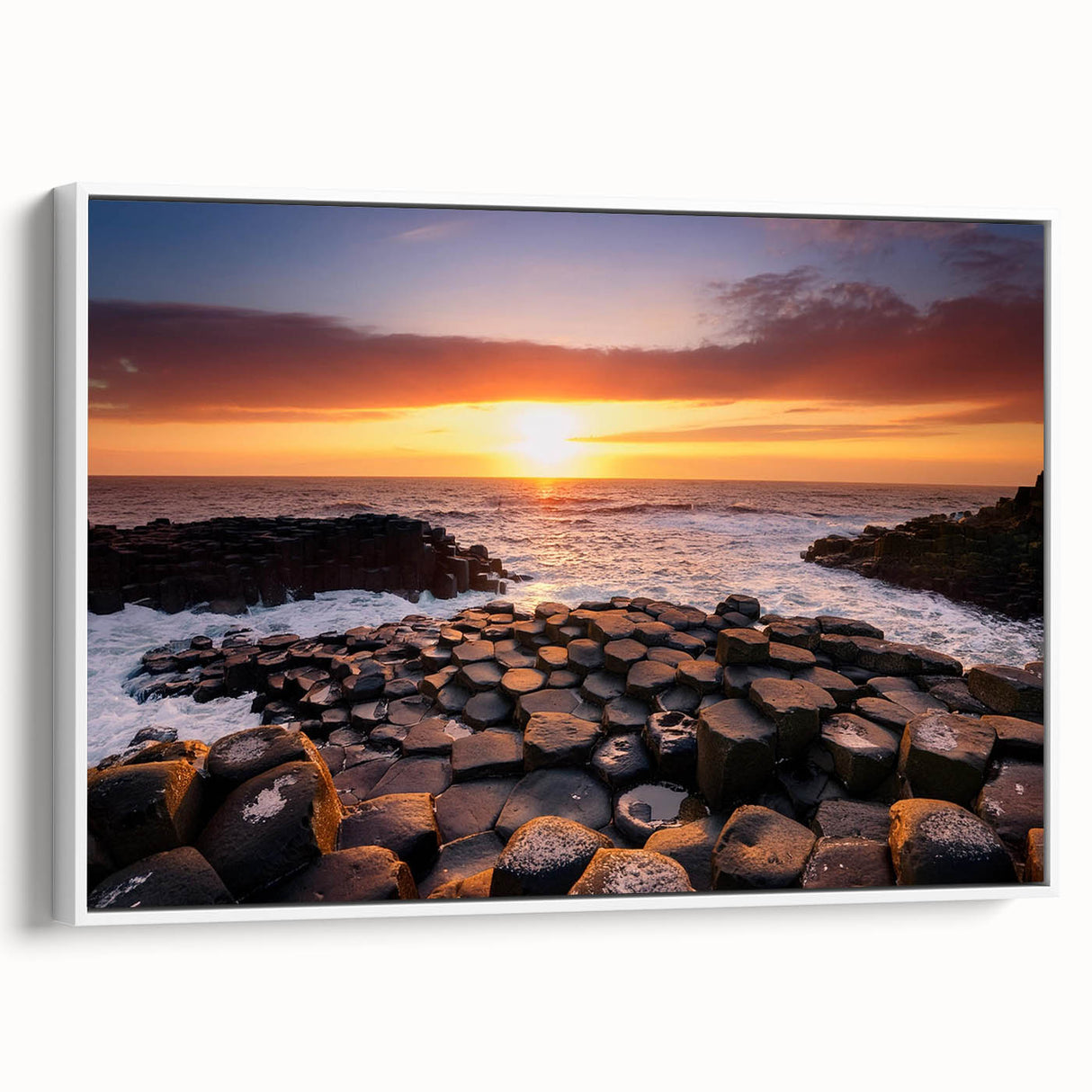 Vintage poster art of Northern Ireland scenery in colorful hues on a large framed canvas, ideal for living room decor.