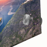 Large abstract depiction of a Norwegian landscape in muted earth tones on acrylic glass, suitable for dining room art.