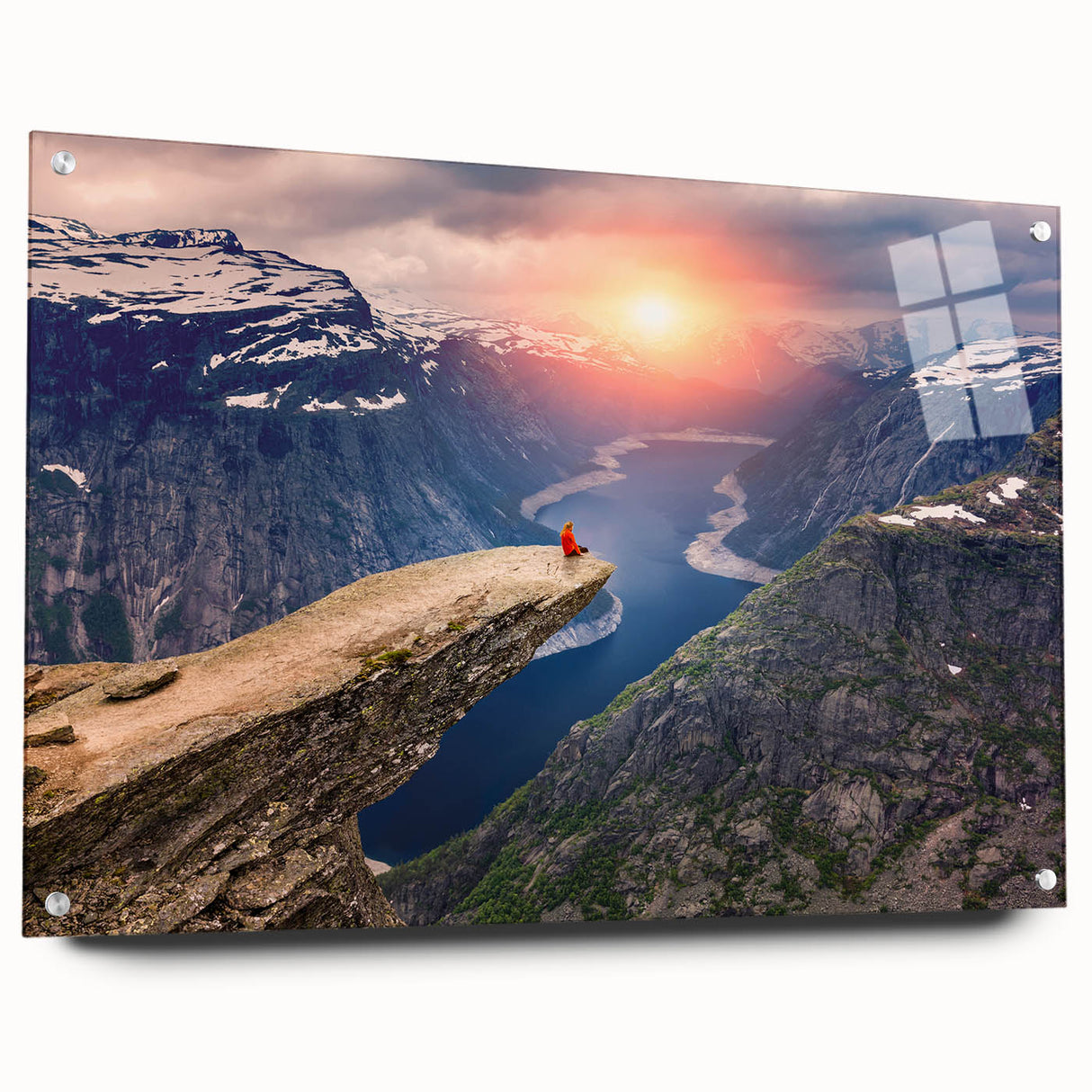 Acrylic print of a serene Norwegian landscape in muted blue and green tones, suitable for bedroom or dining room decor.