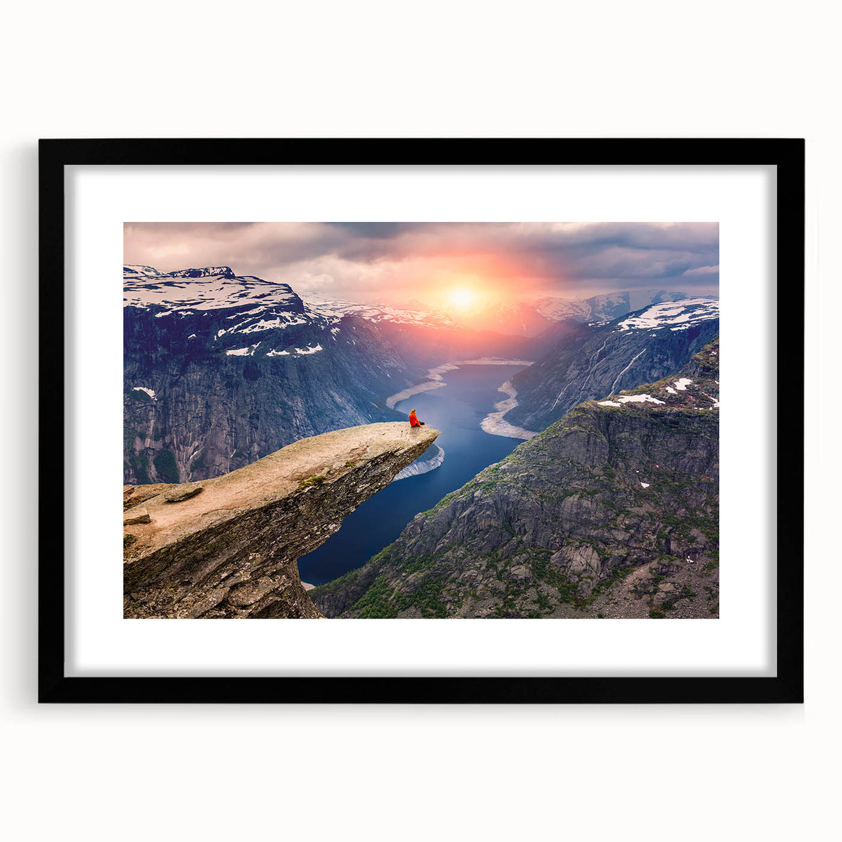 Extra large abstract art print of a colorful Norwegian landscape on textured canvas, framed in black.