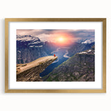 Abstract art print of a Norwegian scenery in muted earth tones on a framed canvas, suitable for dining room decor.