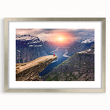 Extra large abstract art print of a Norwegian landscape, featuring textured brush strokes in silver frame.