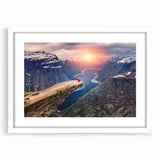 Textured art depicting an abstract Norwegian landscape in muted blues and greens on a framed white mat.