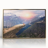 Art deco poster of a serene Norway landscape in muted green and blue tones, framed acrylic, ideal for modern art wall decor.