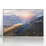 Mid-century modernist art depicting a serene Norwegian landscape in muted earth tones on a framed acrylic.