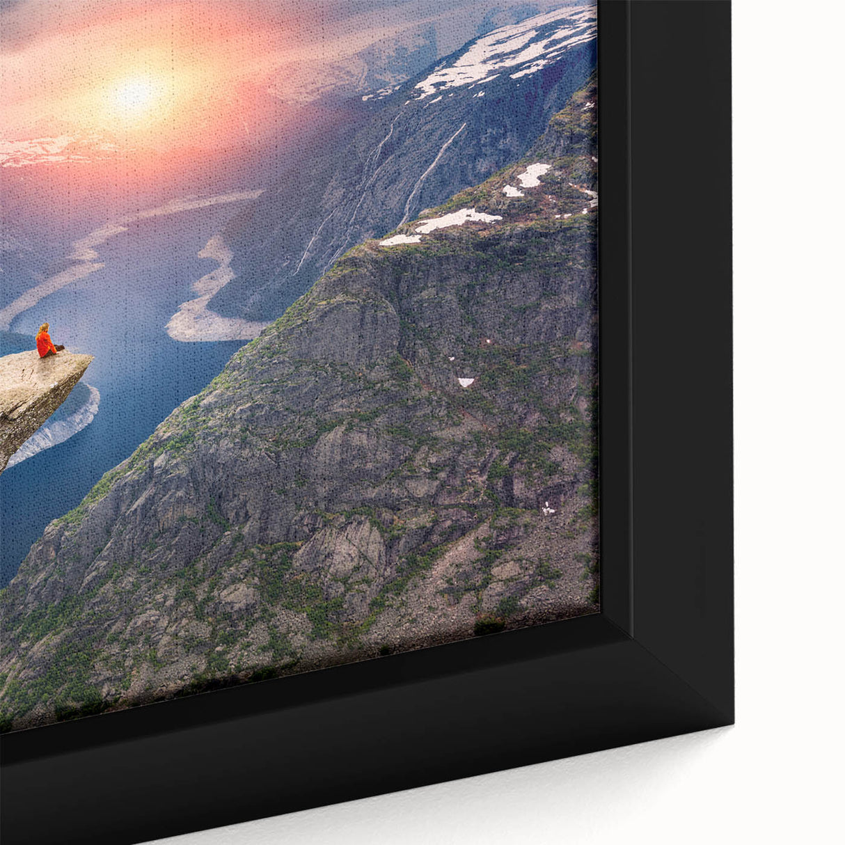 Black framed canvas of a textured Norwegian landscape, featuring vibrant colors, ideal for living room decor.