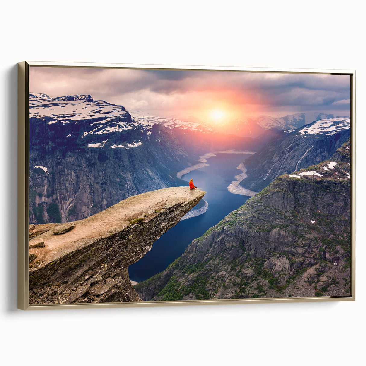 Framed canvas landscape painting of a Norwegian scenery in muted earth tones, ideal for bedroom wall art.