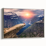 Landscape art painting of a Norwegian scenery on framed canvas, featuring muted earth tones and a vintage poster style.