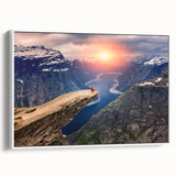 Vintage poster art of a scenic Norwegian landscape on framed canvas, featuring vivid colors against a black background.