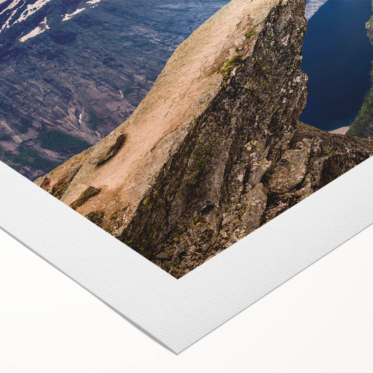Art deco poster of a serene Norwegian landscape in soft blue and green tones on rolled canvas.