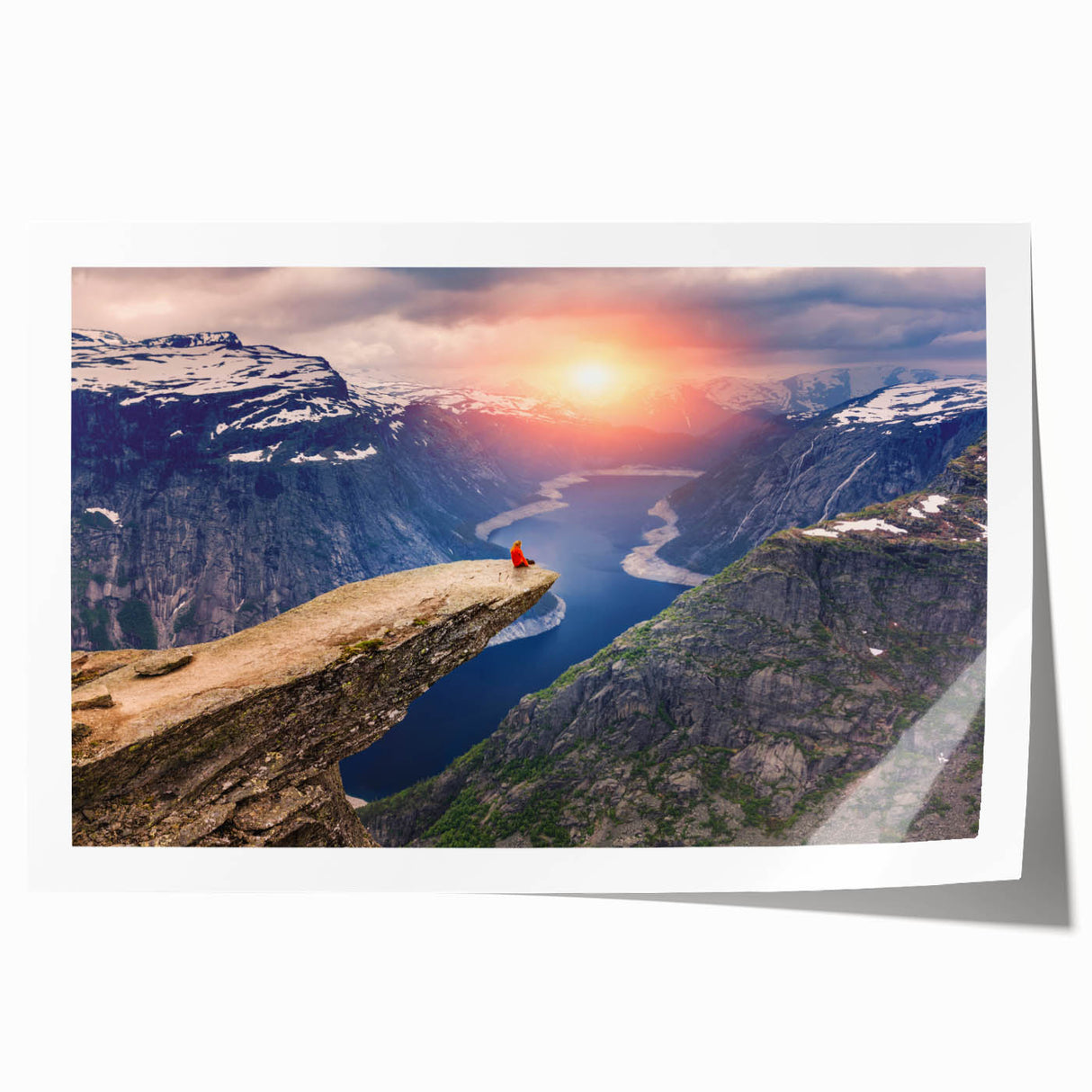 Rolled canvas print depicting a serene Norwegian landscape in muted green and blue tones.