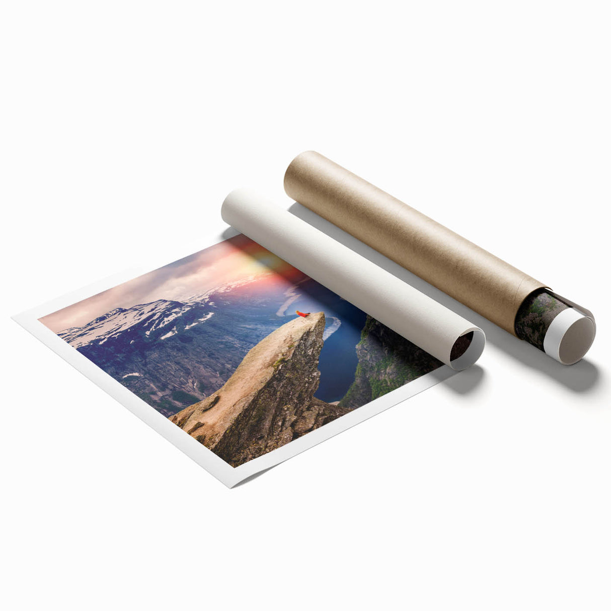 Extra large wall art featuring a serene Norwegian landscape in muted green and blue tones on rolled canvas.