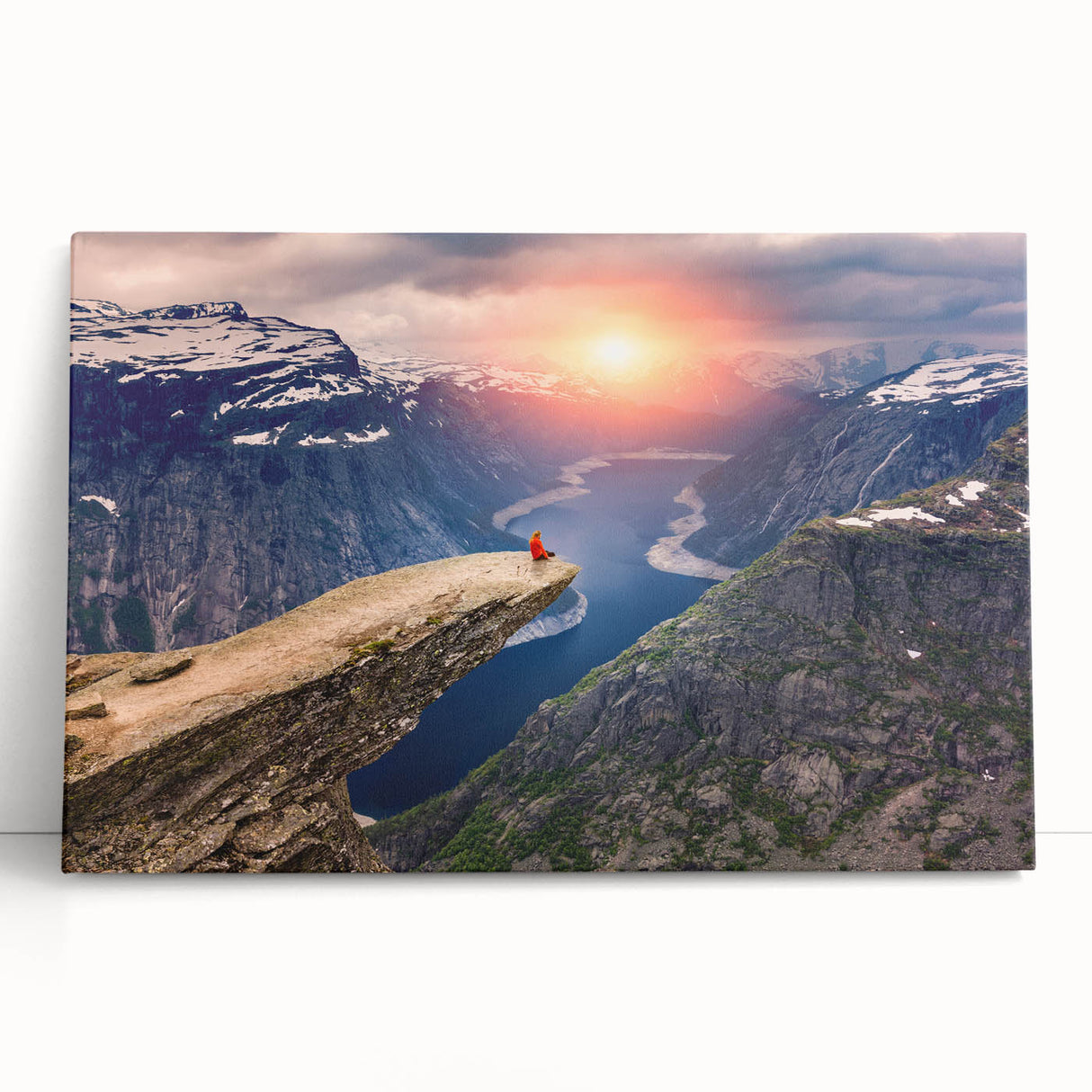 Black and white photo of a Norwegian fjord on large stretched canvas, suitable for kitchen wall art.